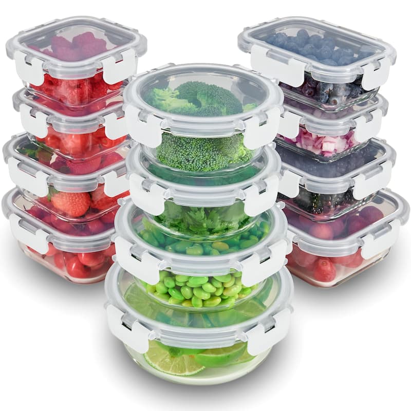 24 Piece Glass Storage Containers with Lids - Leak Proof, Dishwasher Safe Glass Food Storage Containers - White