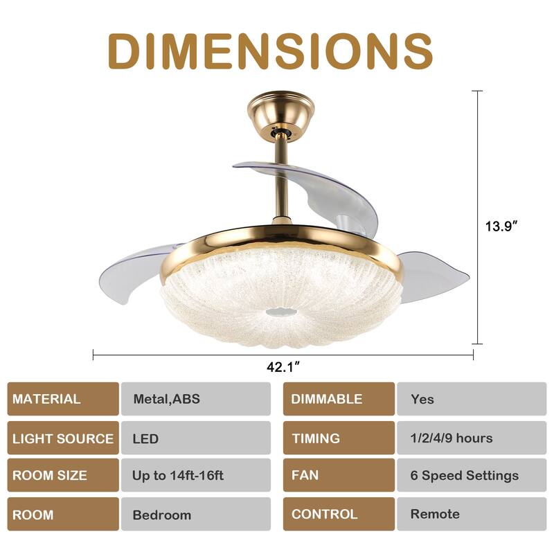 42" Black Modern Retractable Ceiling Fan with LED Light and Remote Control