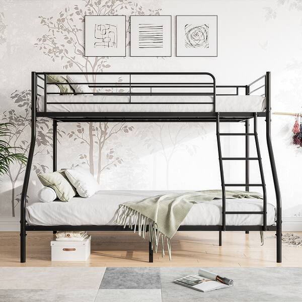 slide 2 of 10, Victorian Concise Style Twin Over Full Metal Bunk Bed,Stable Metal Bed with Guardrail and Sloping Ladder Black