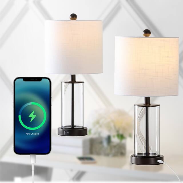 Cabell 21" Glass Modern Contemporary USB Charging LED Table Lamp, Oil Rubbed Bronze (Set of 2) by JONATHAN Y