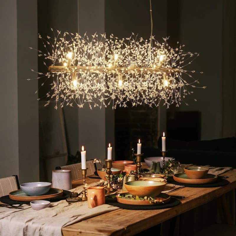 9/12-Light Linear Sputnik Crystal Beaded Pendant Light Firework Starburst Crystal Chandelier for Dining Room