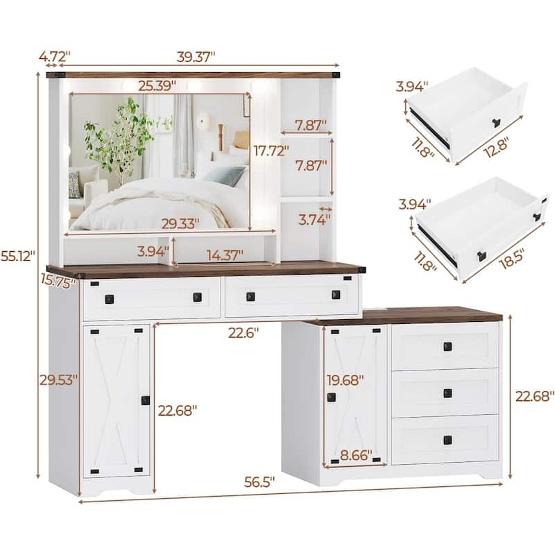 Farmhouse Vanity Desk with Lights & Power Strip Drawers Cabinets