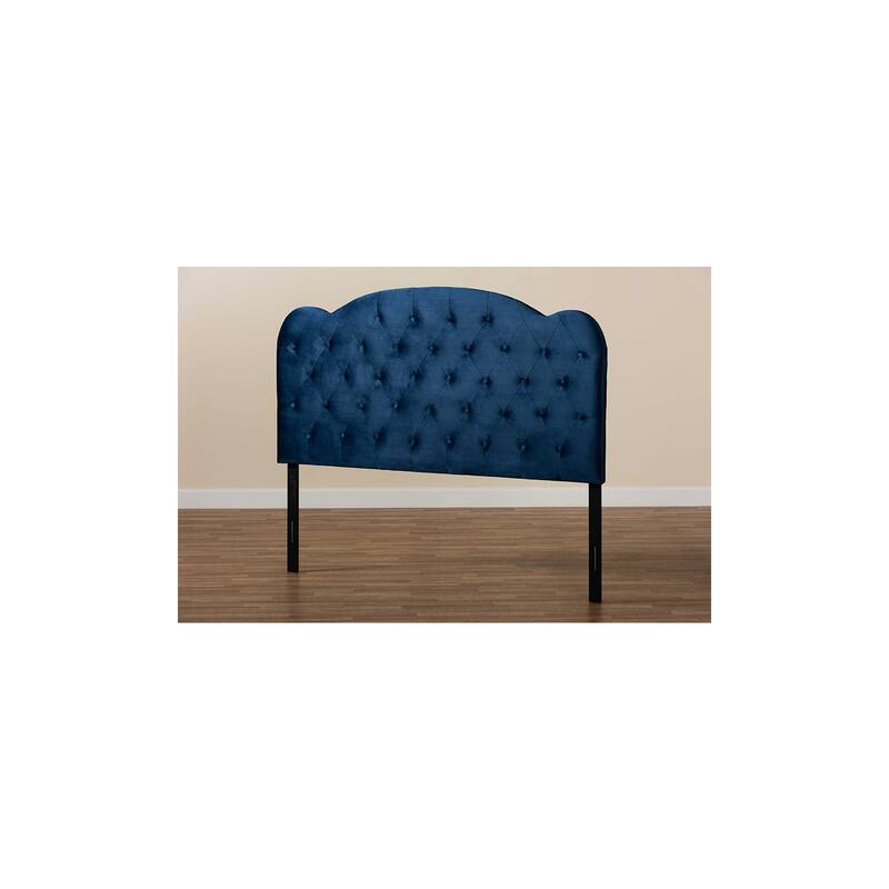 Navy Blue Velvet Fabric Upholstered Queen Size Headboard with Modern Wingback Design and Soft Foam Padding