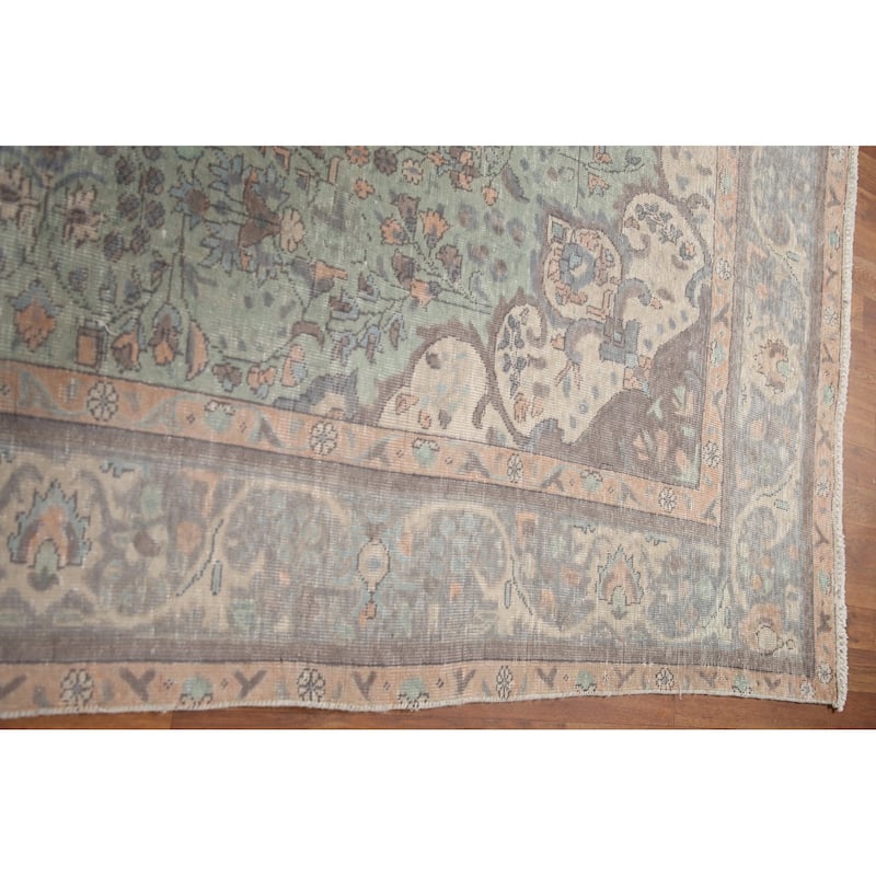 Hand Knotted Oriental 100% Wool Carpet Traditional Floral Green Tabriz Area Rug - 11' 7'' X 8' 1''
