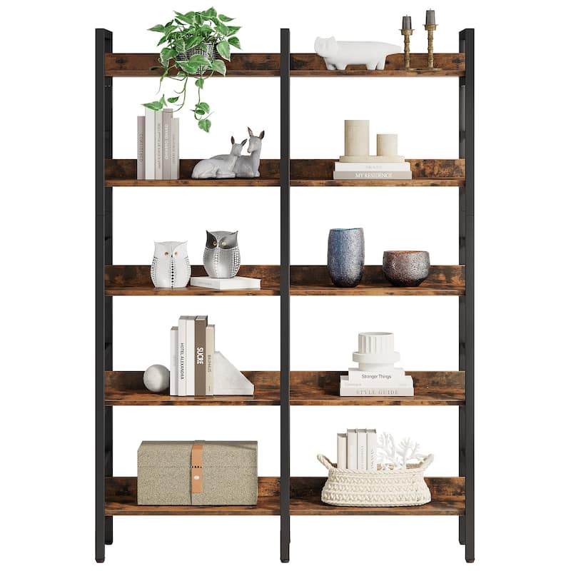 Bookshelf 5-Tier, Open Etagere Bookcase, Double Wide Freestanding Bookshelves for Storage and Display, Rustic Brown