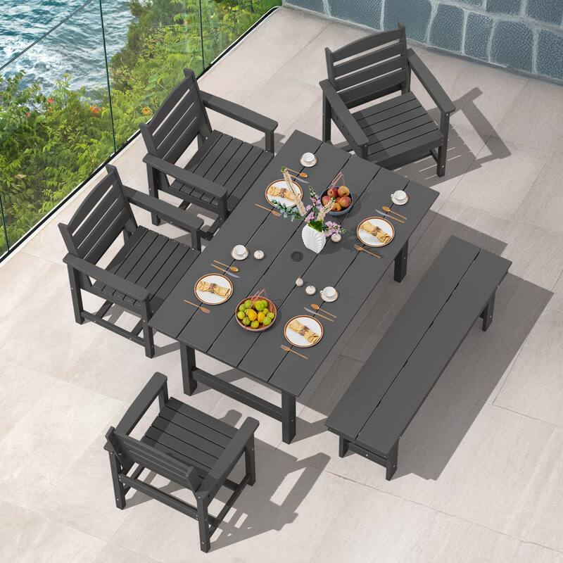 6-Piece HDPE Outdoor Dining Table Sets with Umbrella Hole - 1-Table 4-Chairs-1-Bench