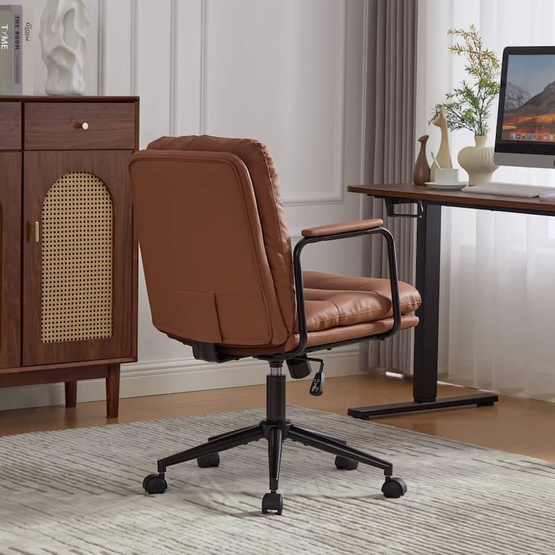PU Leather Swivel Office Chair with Wheels, Adjustable Mid Back Home Desk Chair, Computer Rolling Chair with Padded Armrest