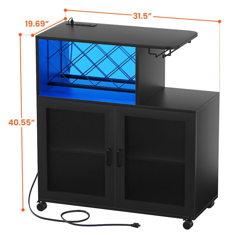 Bar Cart with Charge Station and LED Light, Rolling Home Bar Liquor Cabinet - 31.5'' W