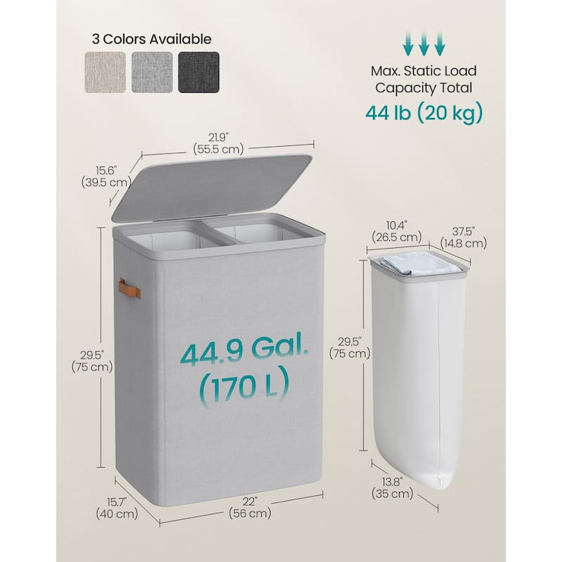 44.9 Gallon 2-Section Laundry Hamper with Lid Dove Gray, Water-Repellent Polyester - 22"L x 15.7"W x 29.5"H