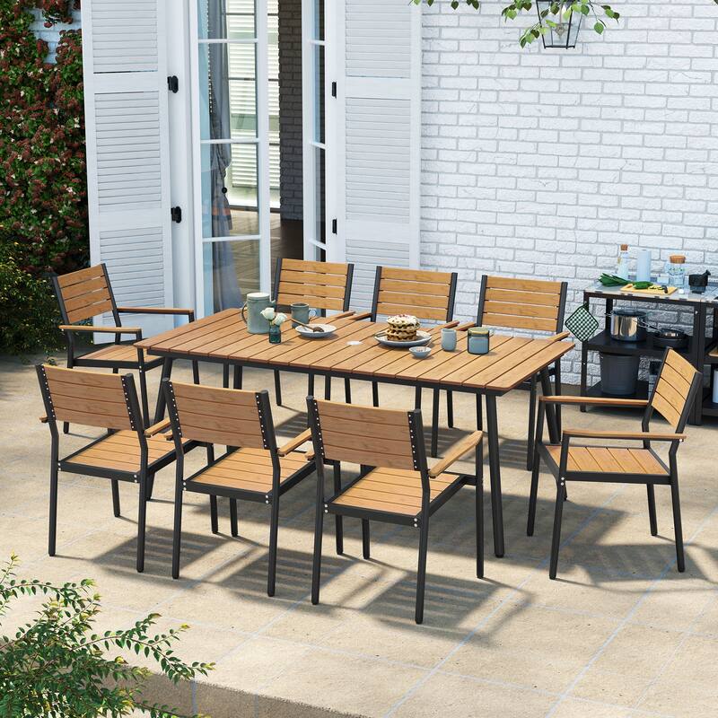 9-Piece Outdoor Patio Rectangle Aluminum Dining Table with Stackable Chairs - Brown