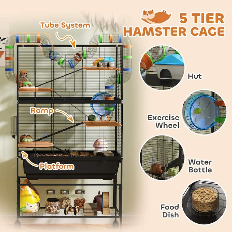 Five-Tier Hamster Tank with Wheels, Storage Shelf and Accessories - 32.3" L x 18.1" W x 59.1" H