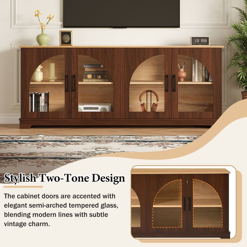 Farmhouse TV Stand with Semi-Arched Glass Doors for TVs Up to 70",Adjustable Shelves,Wood Grain Sideboard with Cable Management