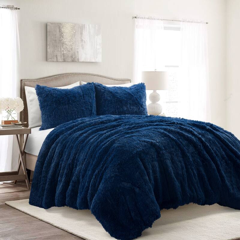 Lush Decor Emma Faux Fur Comforter Set - Navy - Full - Queen