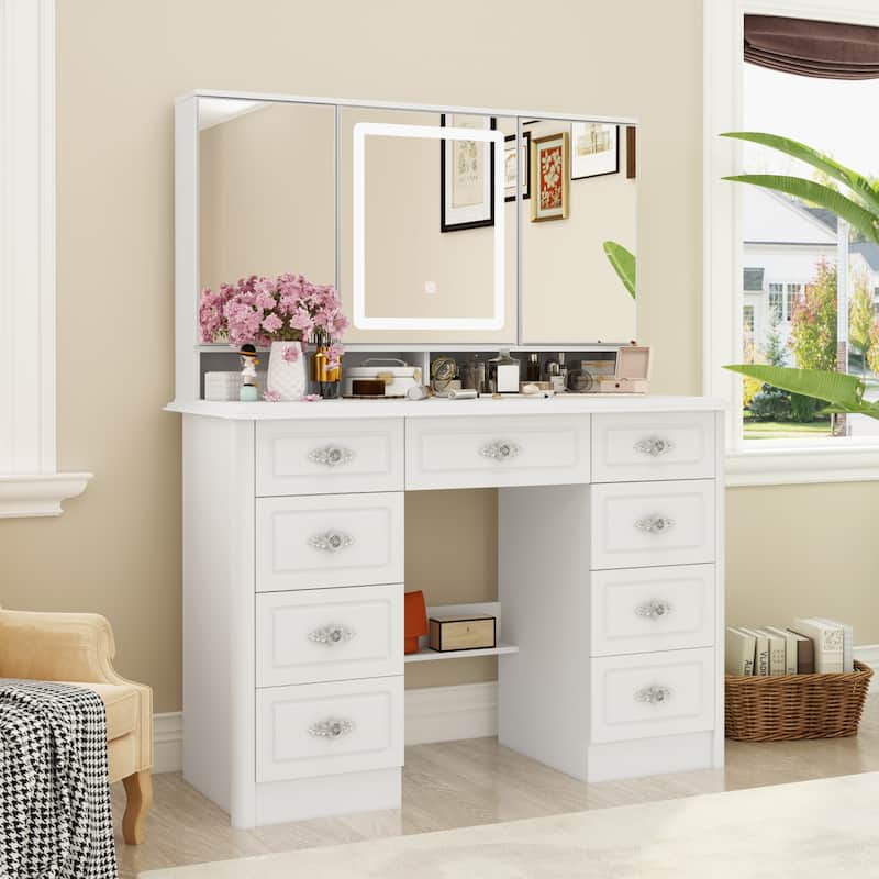 43.3"W Makeup Vanity White Vanity Desk with Hidden Storage Shelves