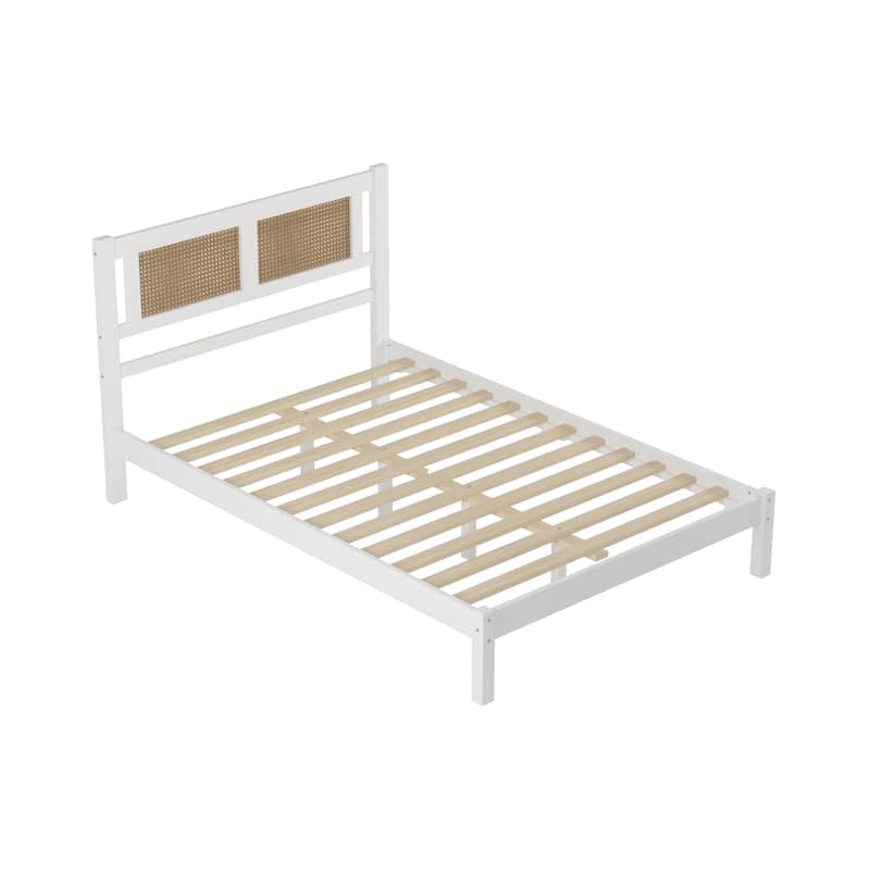 Full Size Platform Bed with Natural Rattan Headboard, Minimalist Design