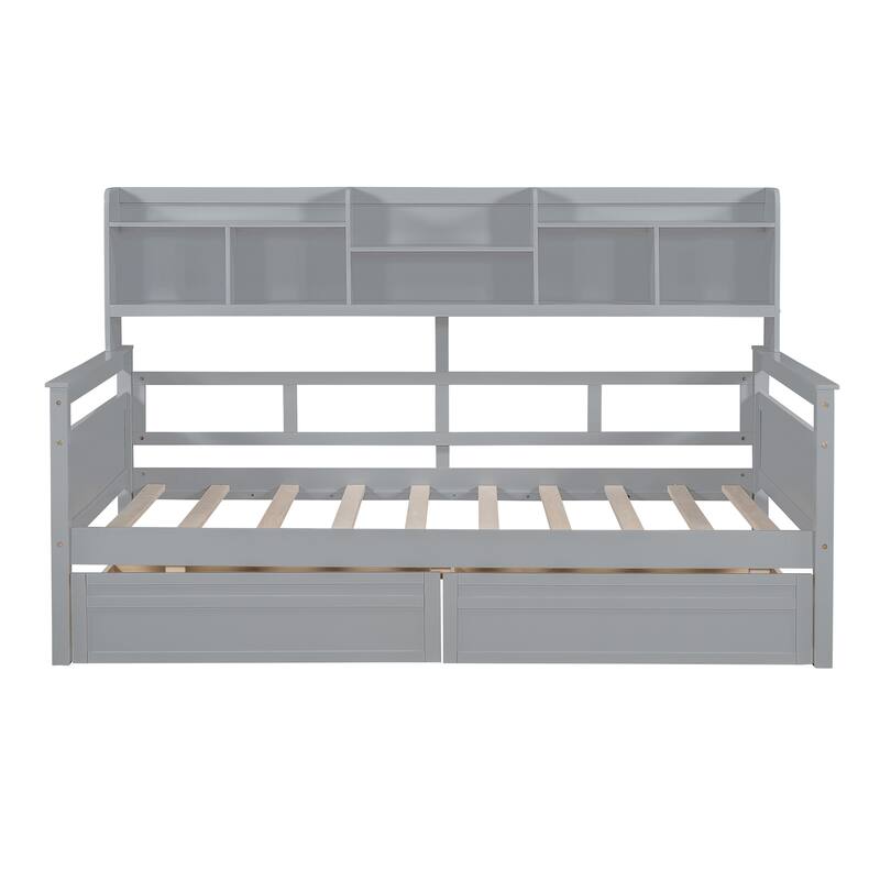 Twin Daybed with Storage 2 Drawers & Shelves, 250lb Capacity, Solid Wood Frame
