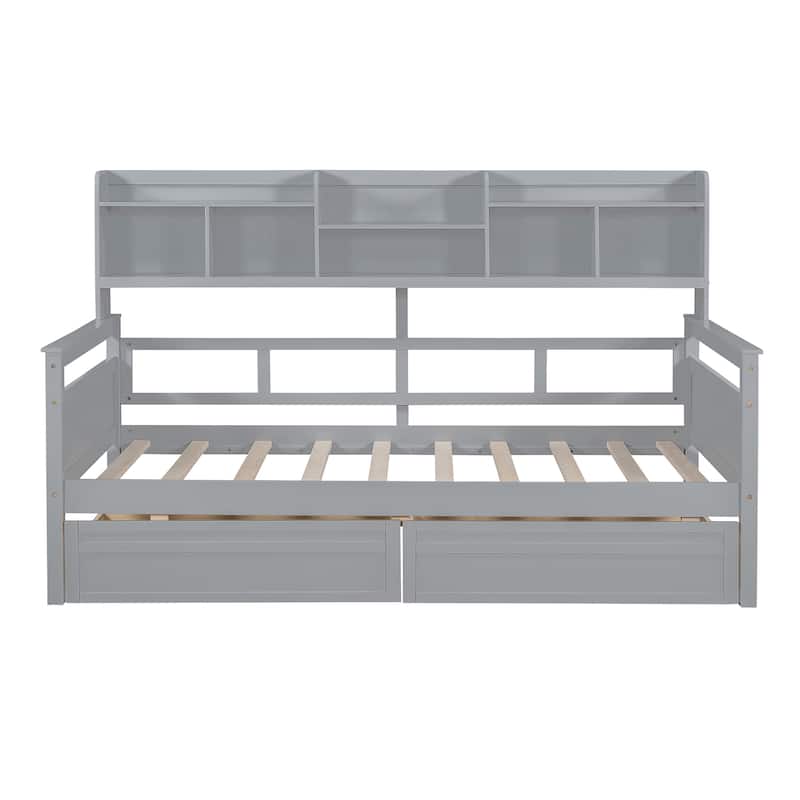 Wood Slat Support Daybed, with Bedside Shelves and Two Drawers