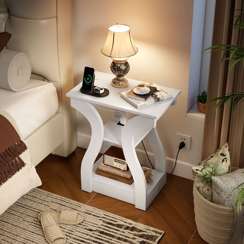 Gymax End Tables w/Charging Station Set of 2 3-Tier Side Tables w/USB