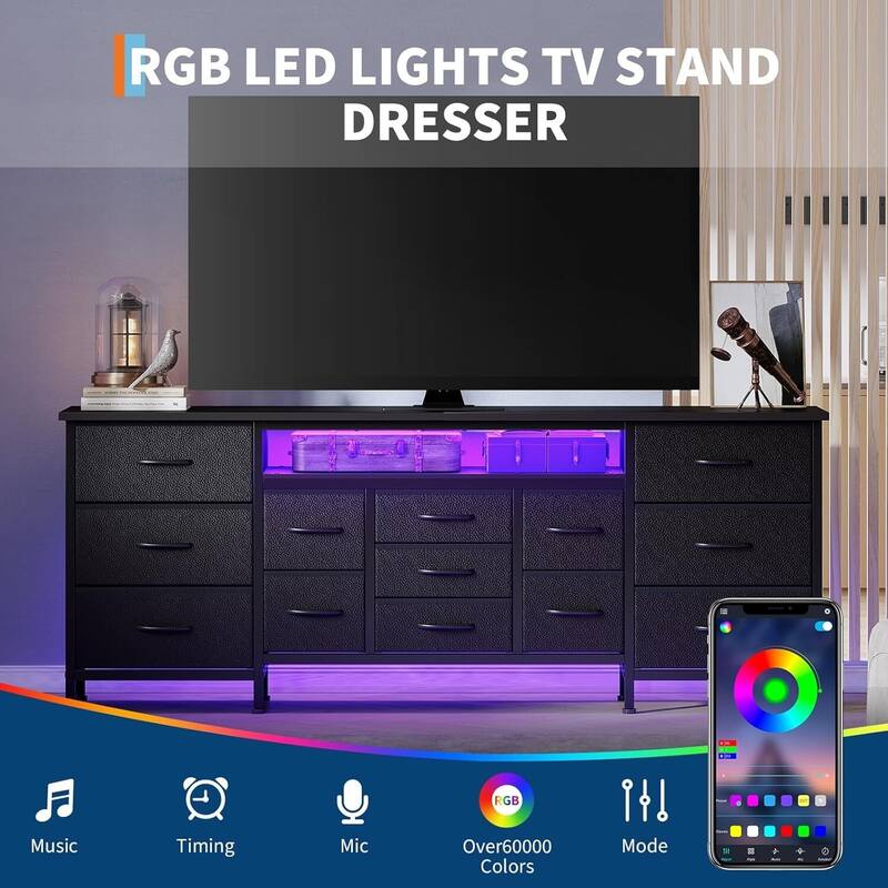 70 Inch Long Dresser TV Stand with 13 Chest of Fabric Drawers, Power Outlets and LED Lights