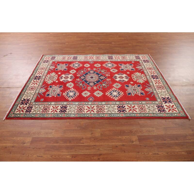 Red Geometric Kazak Area Rug Handmade Oriental Bedroom Wool Carpet - 4'10" x 6'5"