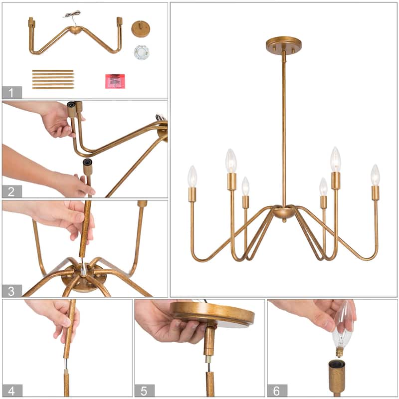 Rustic Antique Gold Chandelier Linear Pendant Lighting 6-light Metal Candle Chandelier for Dining Room