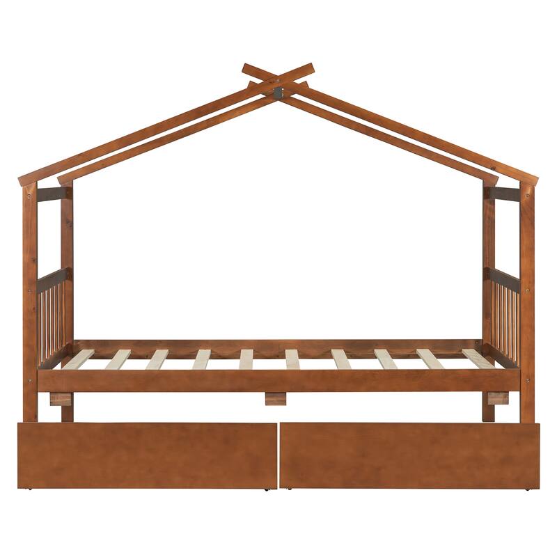Twin Size House Bed with 2 Storage Drawers and Headboard Solid Wood Construction