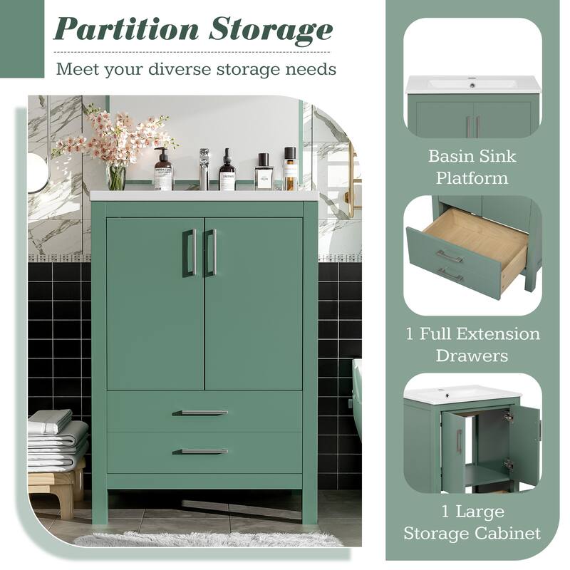 GDFStudio - Arborcrest Modern Bathroom Vanity with Ceramic Sink, Silver Handles & Soft Closing Doors - 24'W