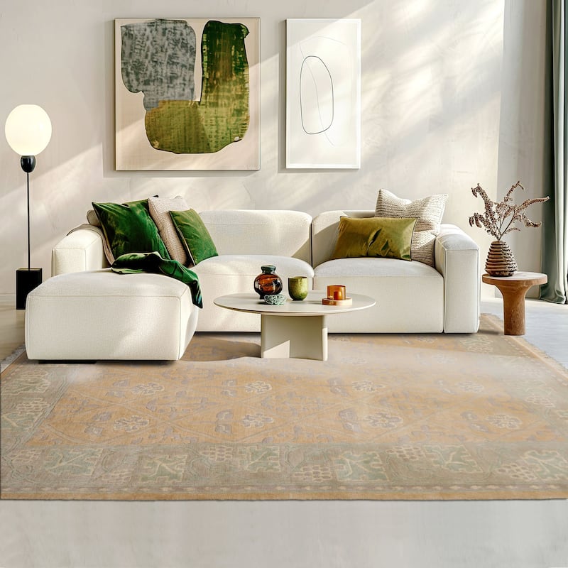 8x10 Hand Knotted Wool Tan Tibetan aesthetic Plush Pile Tufenkian Rug - 8' x 10'