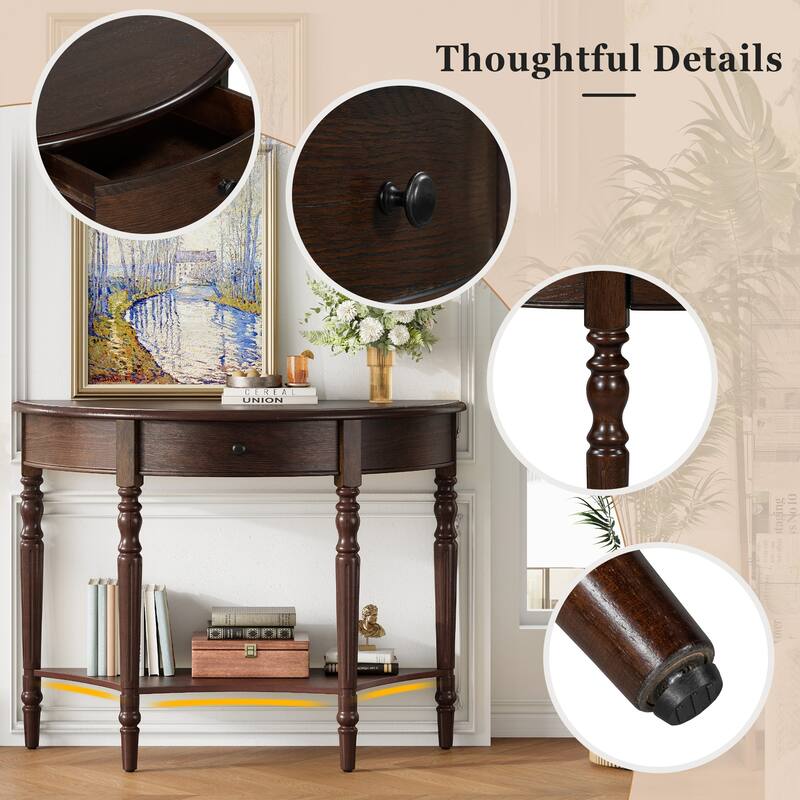 Farmhouse Half Moon Console Table with Drawer & Shelf - Sofa Table in Espresso