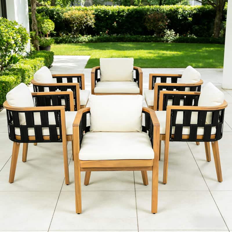 Christopher Knight Home Marrick Patio Acacia Wood Dining Chair with Cream Cushion and Black Flat Rope