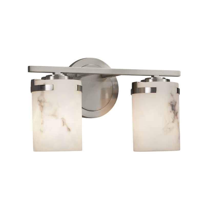 Justice Design LumenAria Atlas 2-light Brushed Nickel Bath Bar, Faux Alabaster Cylinder - Flat Rim Shade - Brushed Nickel