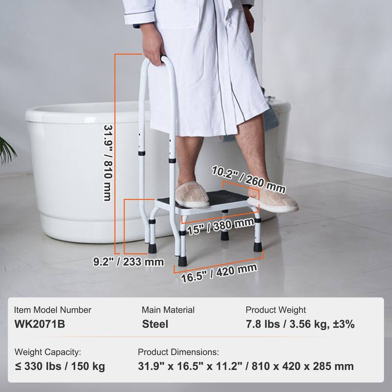 Anmytek Heavy Duty Steel Step Stool 3 Adjustable Height with Handle 330lbs Capacity Non Slip Portable - White
