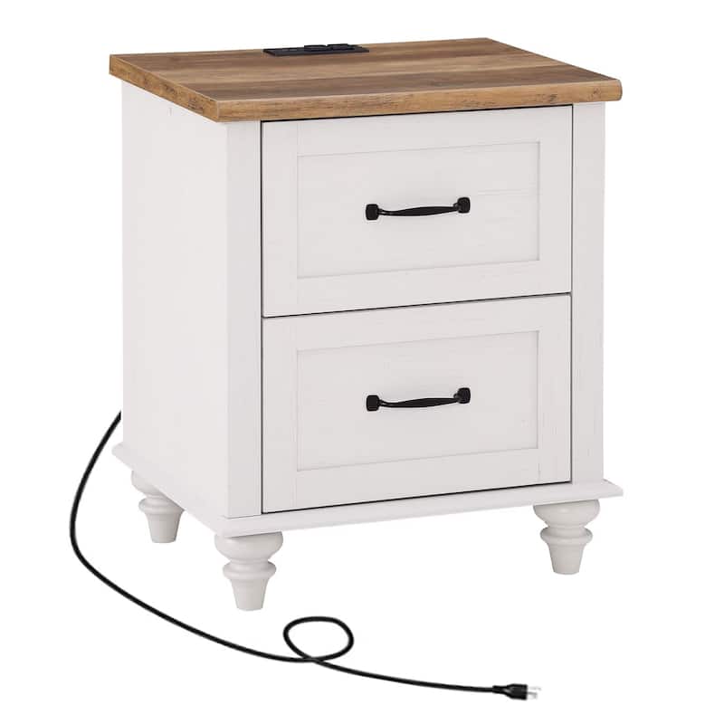 Mid Century End Table Nightstands with Charging Station & Drawer - 1 Piece - Antique White