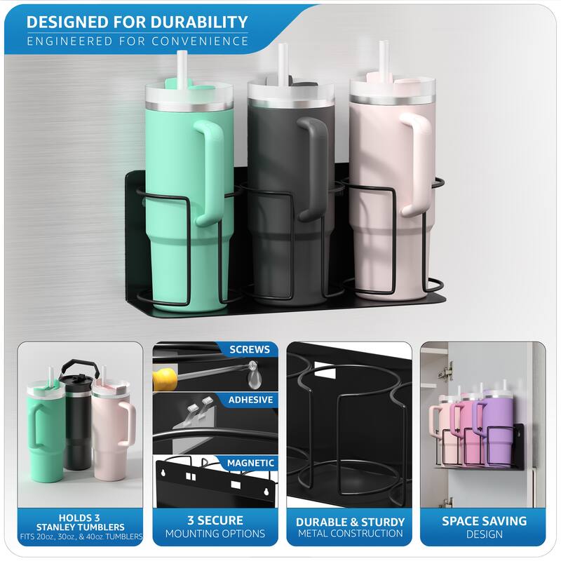Sorbus Magnetic Stanley Cup Holder for 3 Cups, Bottle Organizer Adjustable Mount - 4.25” L x 13.25” W x 5.5” H