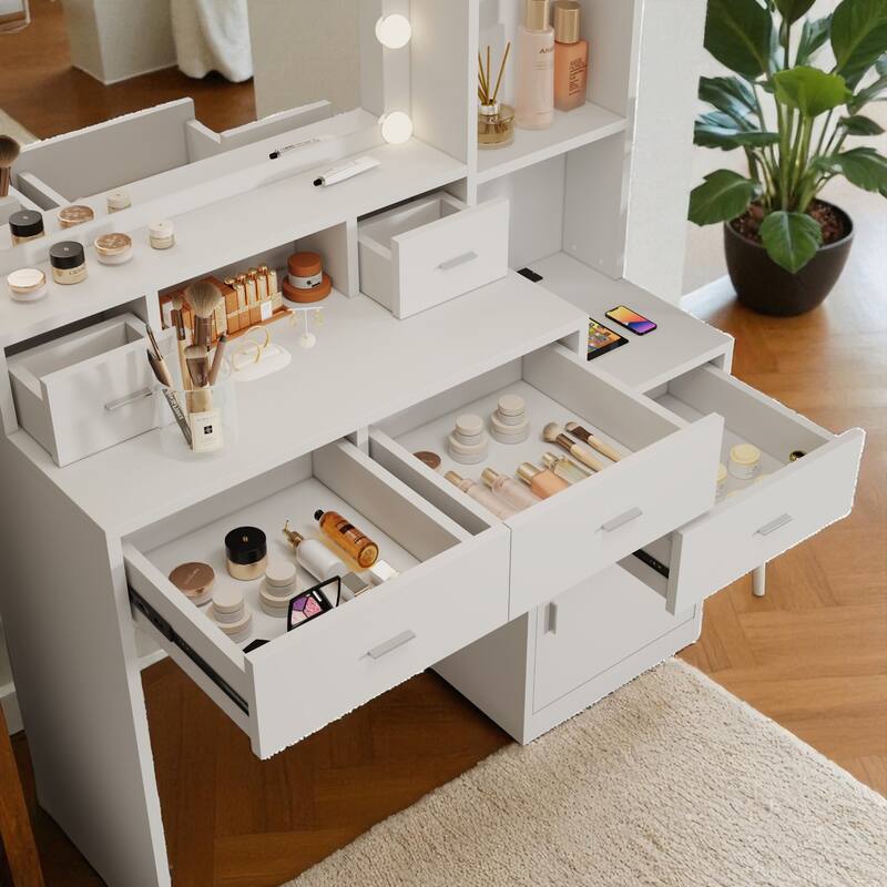 43" Makeup Vanity Desk with Smart LED Mirror, 5 Drawers, Storage Cabinet & Shelves, Dressing Table for Bedroom