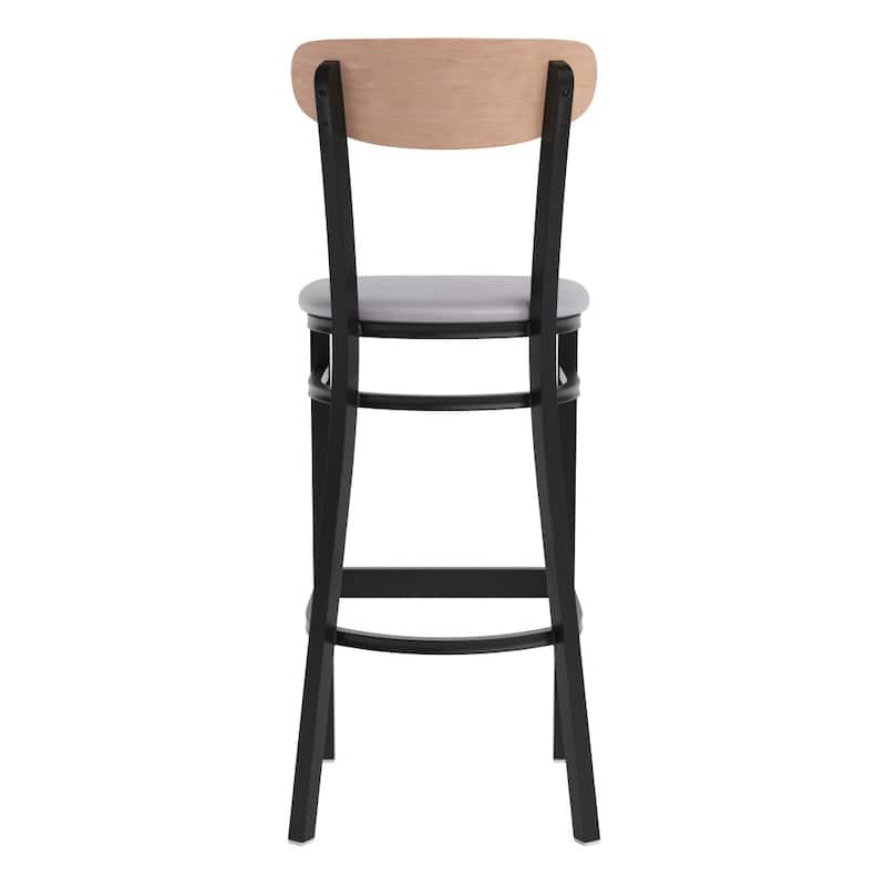 Commercial Metal Barstool with Wood Seat and Boomerang Back