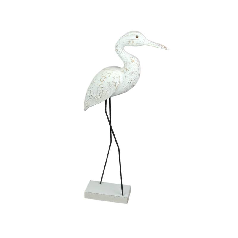 Carved Wood And Metal White Egret Bird Statue 21 Inches High - 21.25 X 9.25 X 2.75 inches