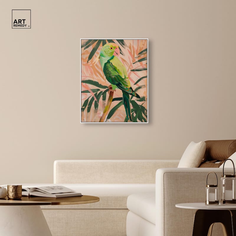 Coral and Green Parrot Canvas by Art Remedy