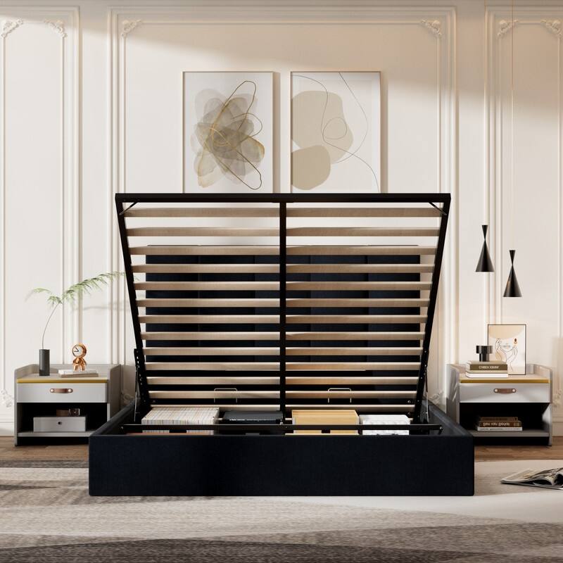 Modern Upholstered Lift-Up Storage Platform Bed with Headboard - Black - Full
