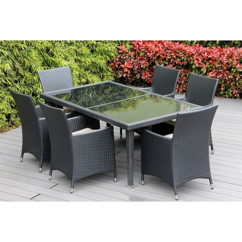 Ohana Outdoor Patio 7 Piece Black Wicker Dining Set with Cushions - Beige