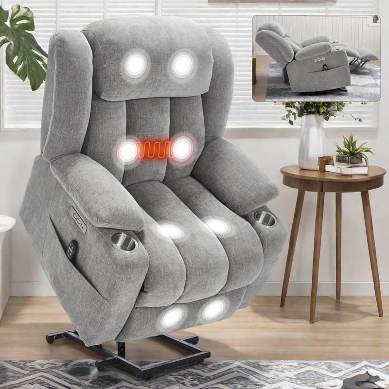 Power Lift Recliner Chair, 350 LBS Capacity, 8-Point Massage & Heat, USB Ports - Grey