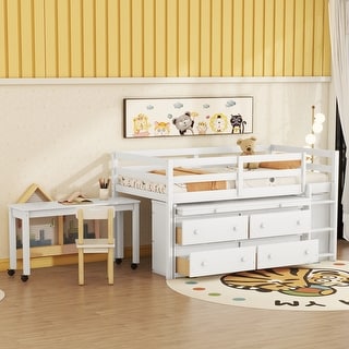Twin Size Solid Wood Loft Bed with Retractable Writing Desk and 4 Drawers, Lateral Portable Desk and Shelves