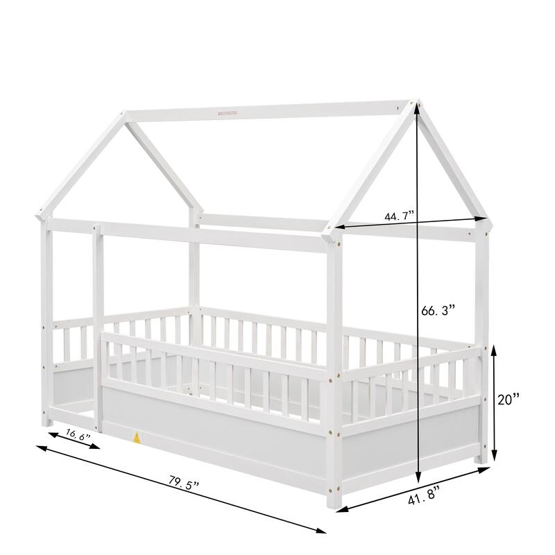 Kids Twin/Full House Bed with Roof Frame, Floor Bed with Fence Guardrails