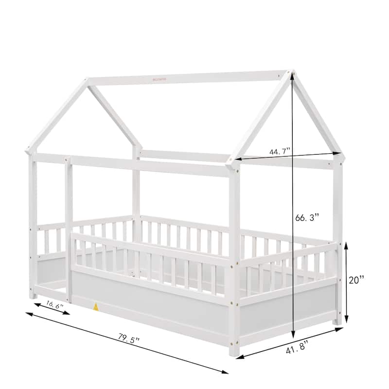White Twin Size Pine Wood Floor Bed with House Roof Frame, Fence Guardrails for Kids, Boys and Girls