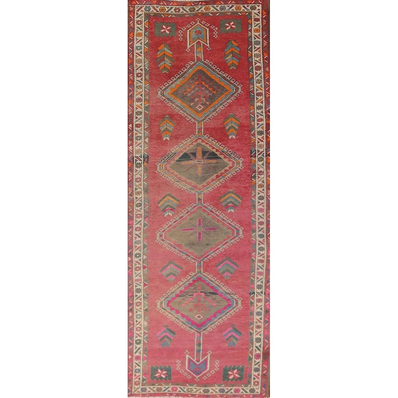 Pink Ardebil Persian Vintage Runner Rug Handmade Wool Carpet - 3'5"x 12'4"