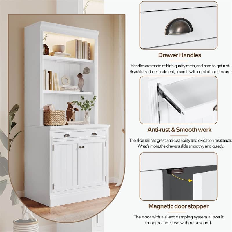 Merax 83.4"Tall Bookshelf with LED Lighting, Modern Bookcase with 2 Doors and 1 Drawer