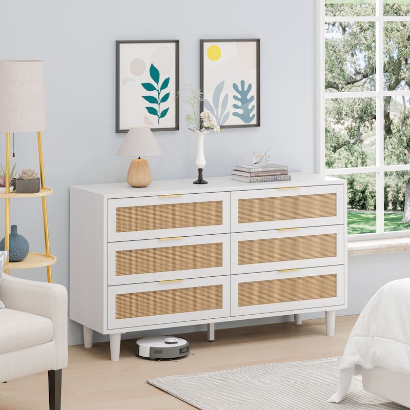 6-Drawers Rattan Storage Cabinet Rattan Drawer - White
