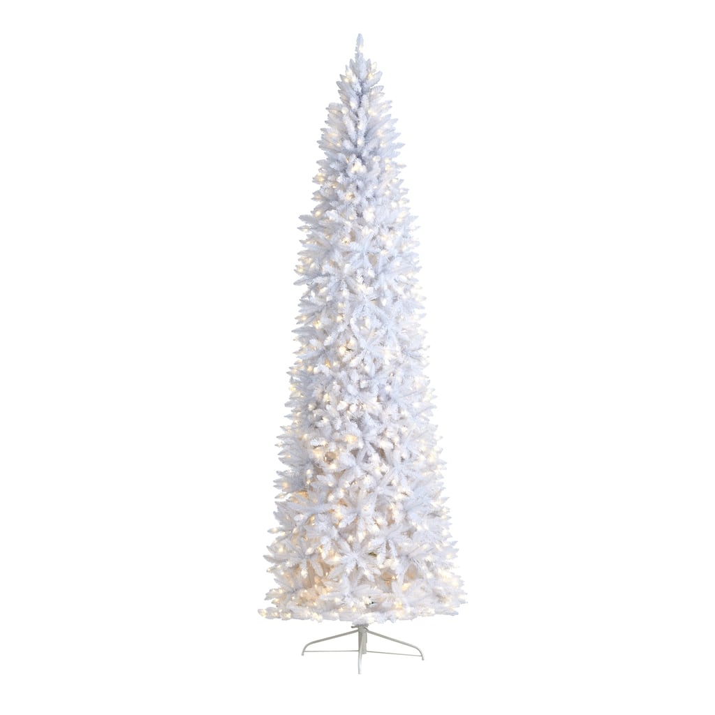 10ft White Christmas Tree Pre-Lit - Slim Artificial Tree with 800 Warm Lights & Bendable Branches - Holiday Decor - 120