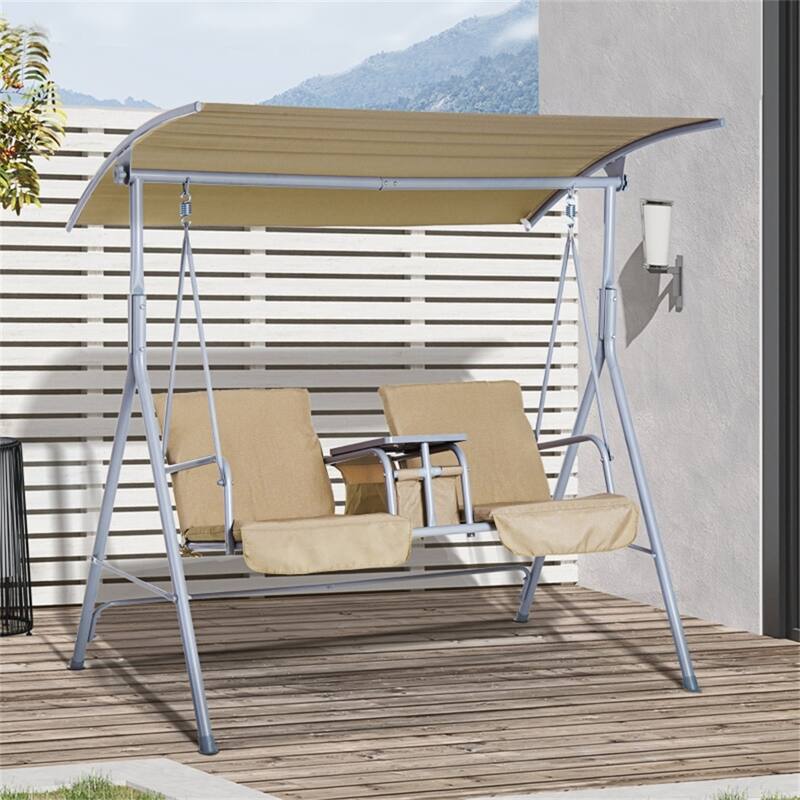 2-Seater Outdoor Patio Swing Chair with Adjustable Canopy - 69" L x 44" W x 65" H - Beige