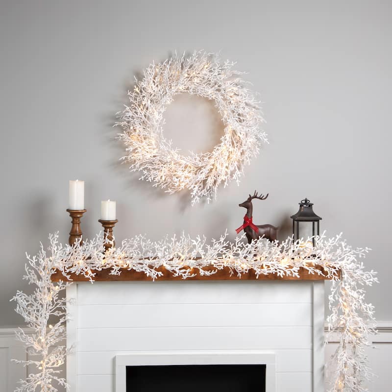 Pre-Lit Flocked Twig Artificial Christmas Garland - 9' x 14" - LED Warm White Lights - 9' x 14"